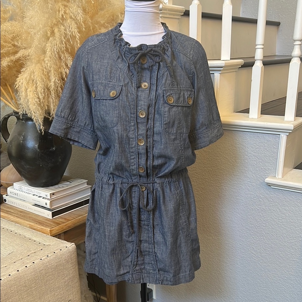 Madewell Jumper Dress Blue Jean Button Front Pockets Drawstring Size Small